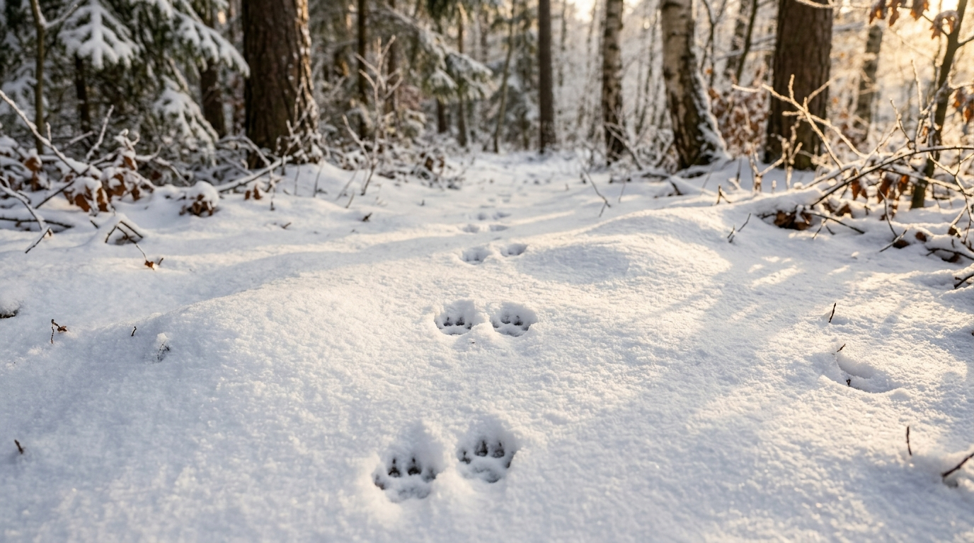 Characteristic marten track pattern in a jump — pairs of prints in the snow