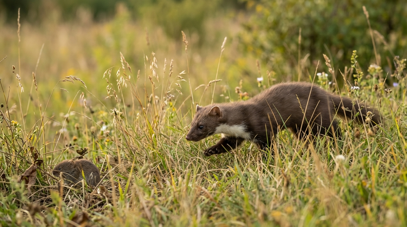 Marter jagend op een veldmuis in het gras