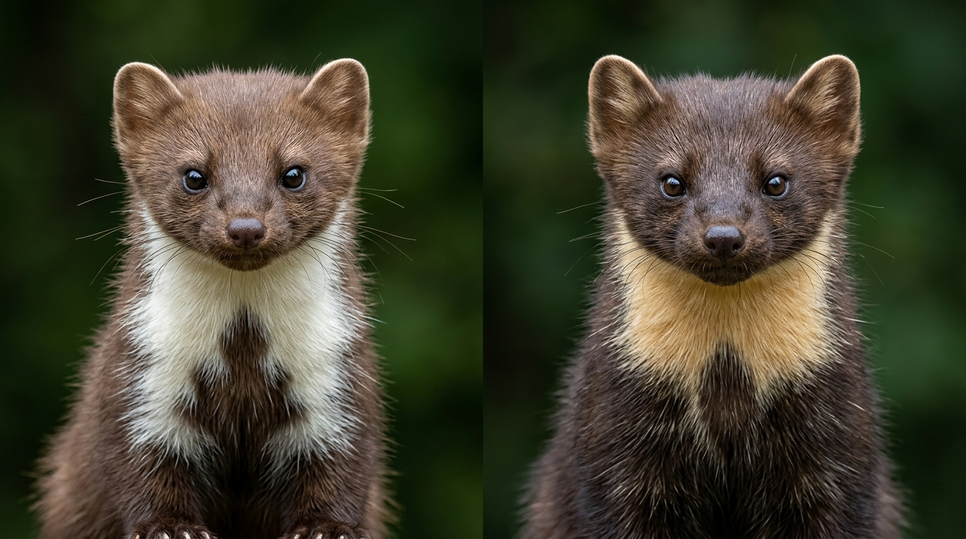 Comparison of throat patches: stone marten (white bipartite) and pine marten (yellow solid)