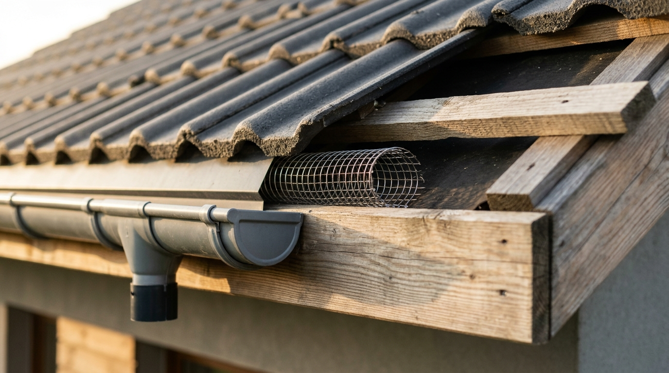 Eaves area with a shifted tile and mesh protecting against marten entry