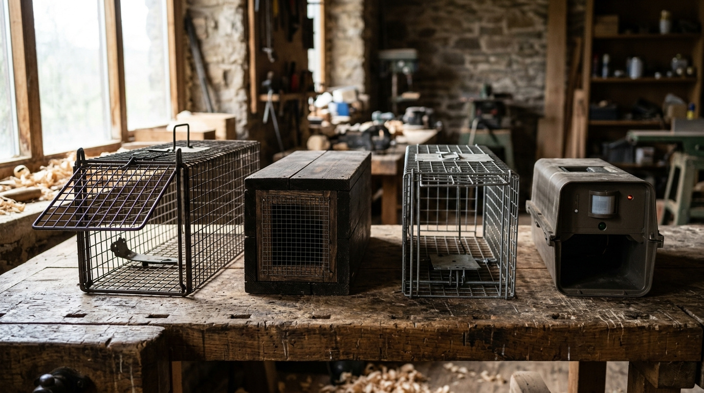 Four types of live traps: cage, tunnel, foot-plate trigger, IR sensor