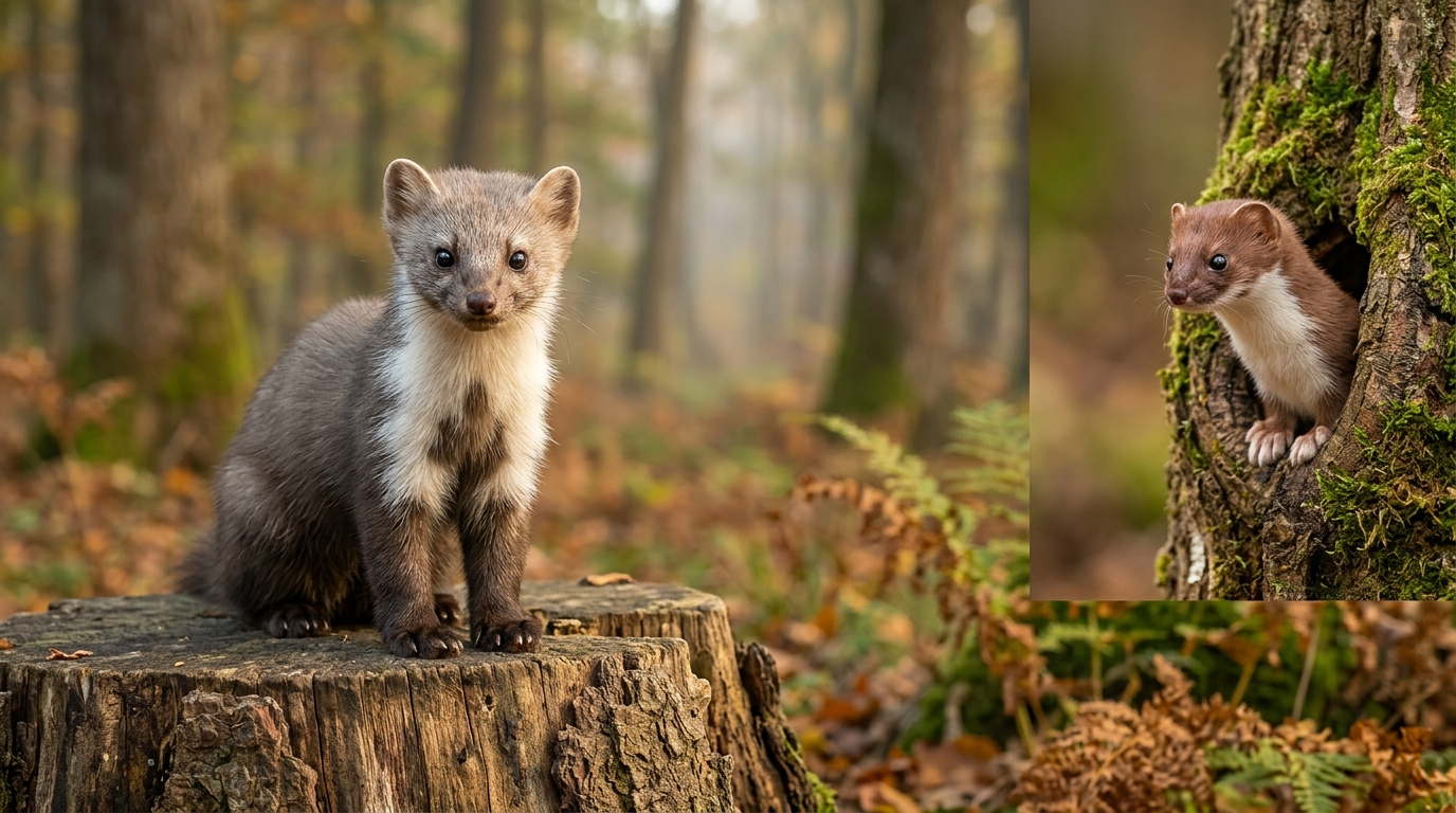 Kuna domowa i łasica łaska sfotografowane w naturalnym otoczeniu — porównanie wielkości i sylwetek