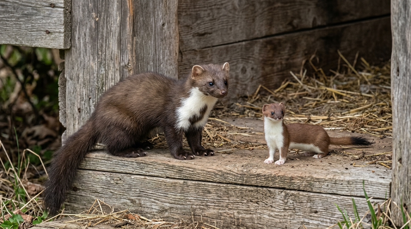 Kuna domowa i łasica łaska sfotografowane obok siebie — porównanie wielkości i sylwetek