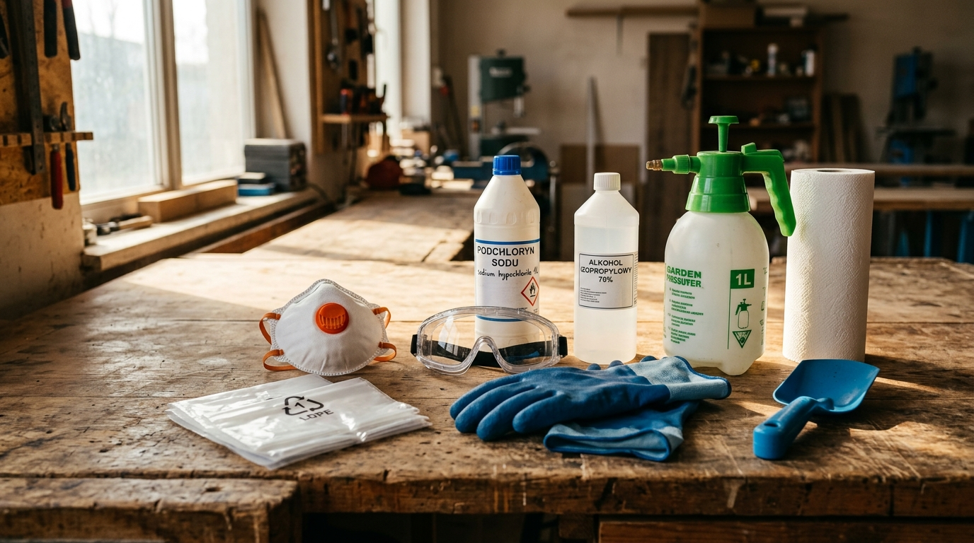 Set aus Schutzausrüstung und Desinfektionsmitteln auf einem Holztisch