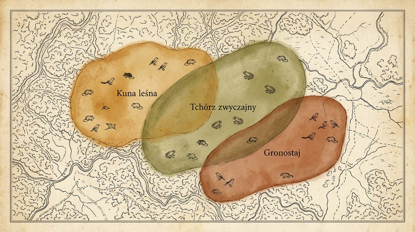 Mapa lasu z zaznaczonymi terytoriami trzech łasicowatych — kuny, tchórza i gronostaja