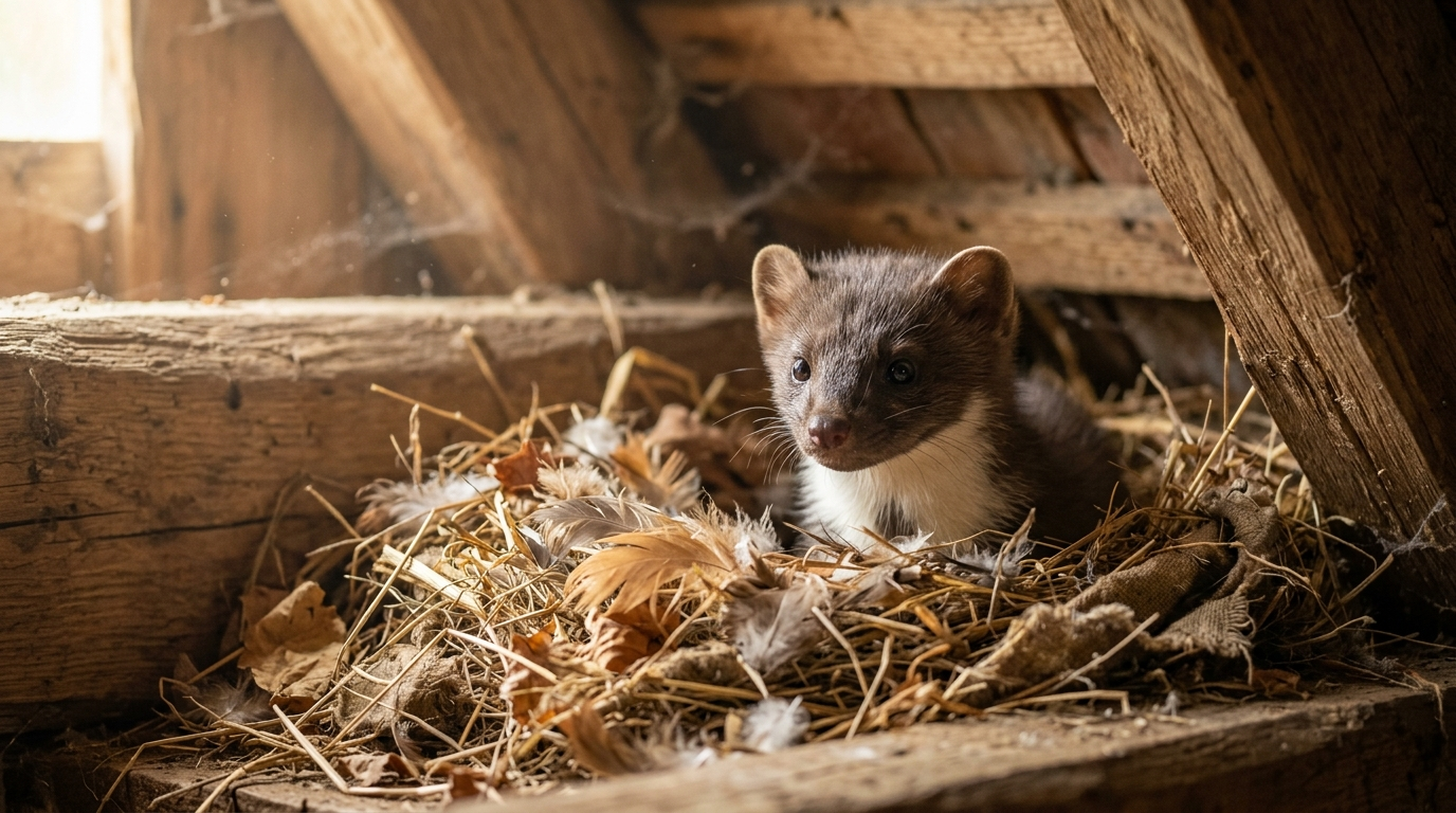 Młoda kuna domowa wystawia główkę z gniazda na poddaszu starej chaty