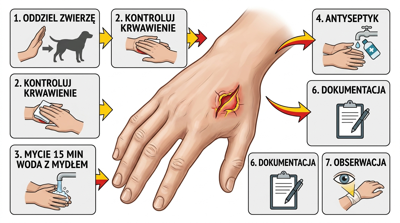 Anatomiczny diagram dłoni z zaznaczonymi etapami pierwszej pomocy po ugryzieniu