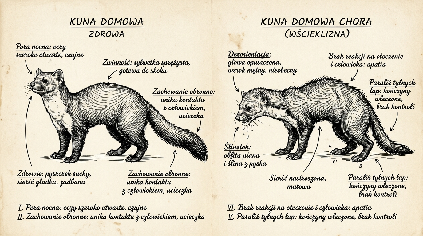 Comparative diagram of behaviors typical for a healthy marten and a marten sick with rabies