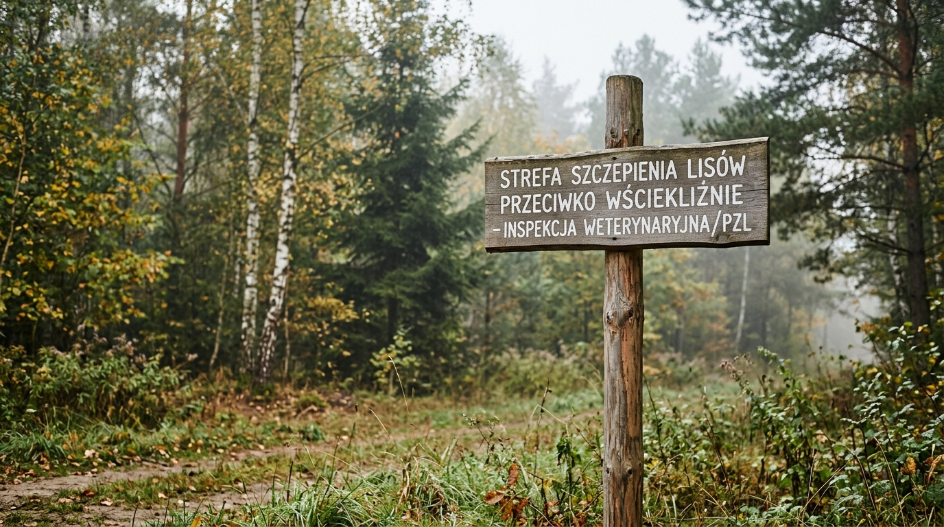 Wooden warning sign in a Polish forest informing about a fox rabies vaccination zone