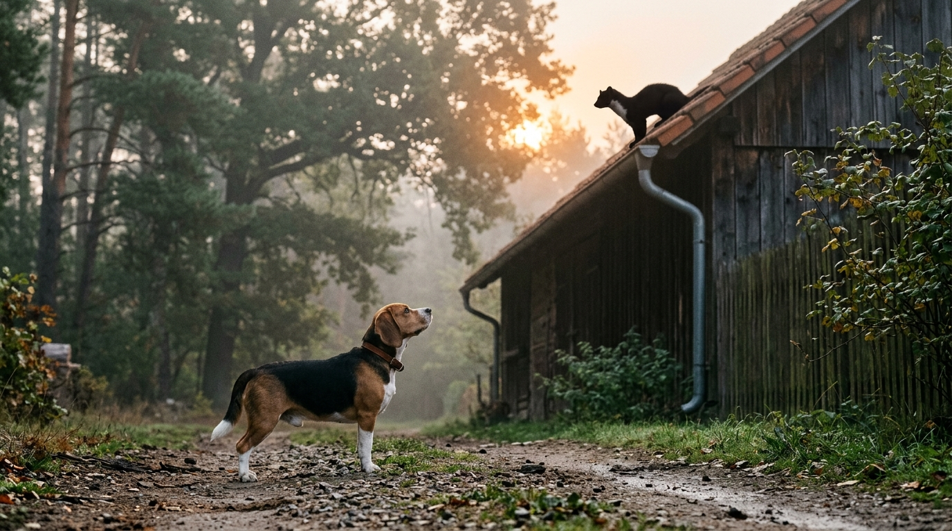 A medium-sized dog observes a marten sitting on the edge of a roof at dawn