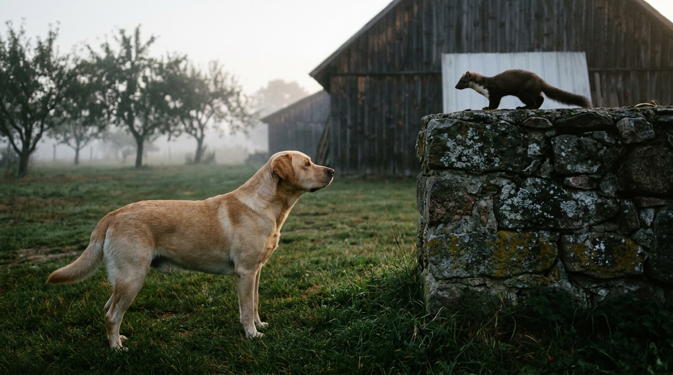 Pies typu labrador na podwórku obserwuje kunę siedzącą na kamiennym murze o świcie