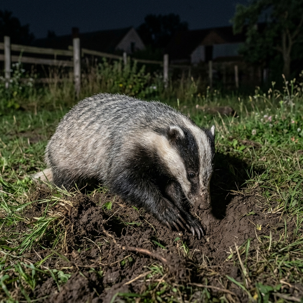 Borsuk wykopujący pędraki w trawniku — wyrwana darń z odwróconymi korzeniami