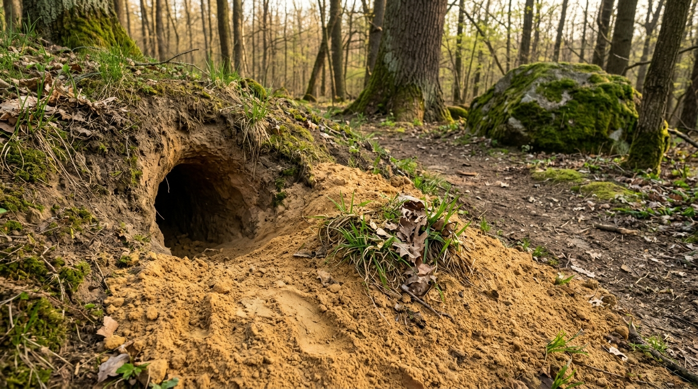 Wejście do borsuczej nory na stoku w lesie — owalny otwór, stożek wykopanej ziemi, świeża ściółka z liści przed wejściem