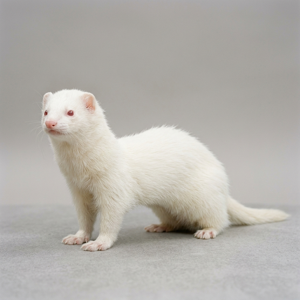 Fretka albinos z różowymi oczami — odmiana hodowlana o białym futrze