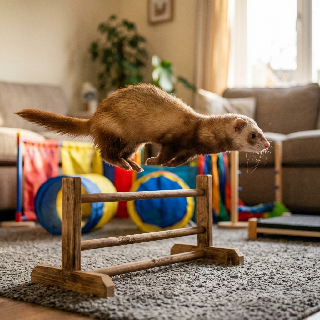 Fretka w skoku przez przeszkodę — agility hobby fretkowe