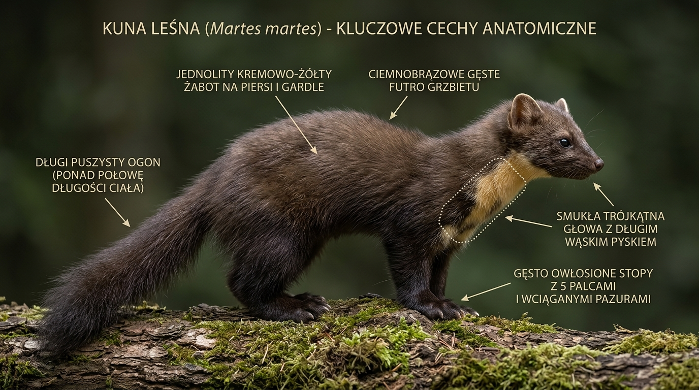 Anatomia kuny leśnej — sylwetka boczna z opisanymi cechami: kremowy żabot, długi ogon, owłosiona stopa