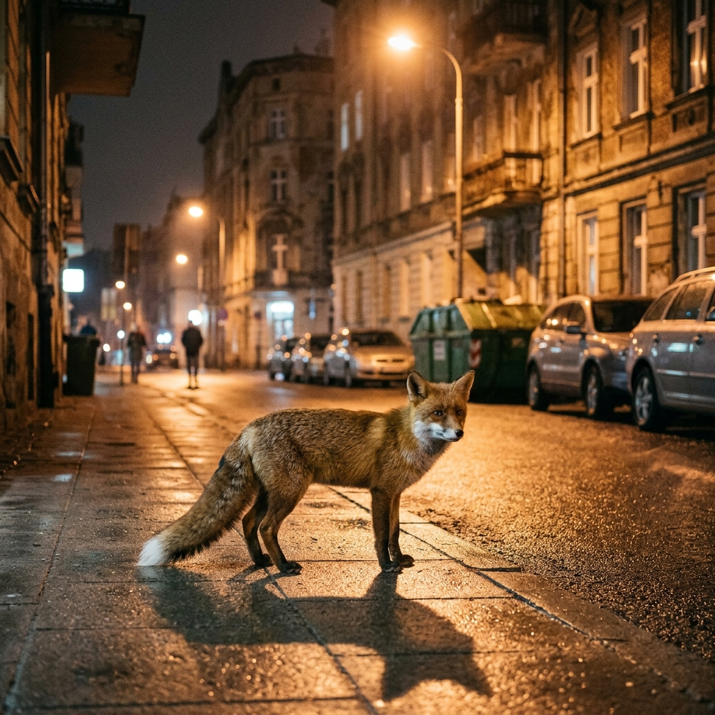 Lis miejski na ulicy nocą — Warszawa