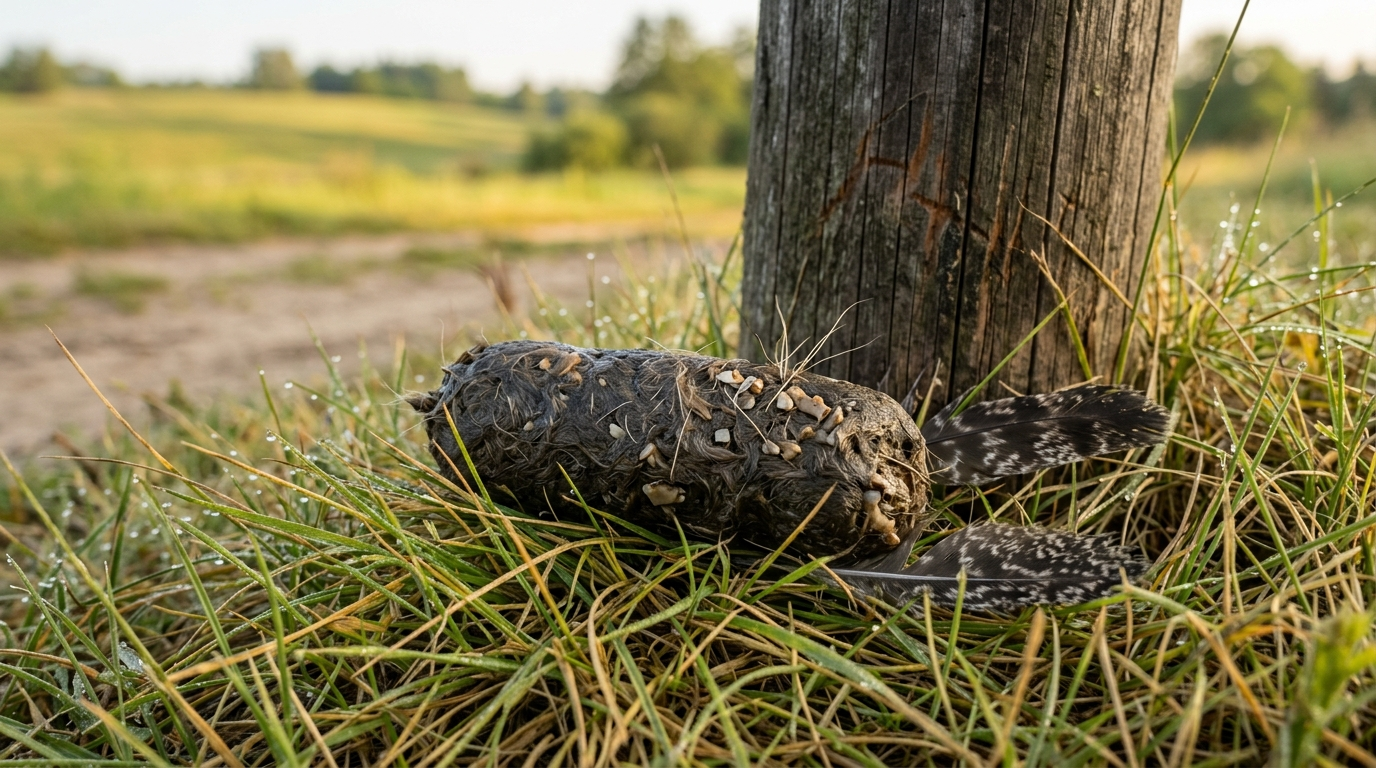 Wypluwka myszołowa na zielonej trawie pod drewnianym słupem — walcowata, ciemnoszara z widoczną sierścią gryzoni