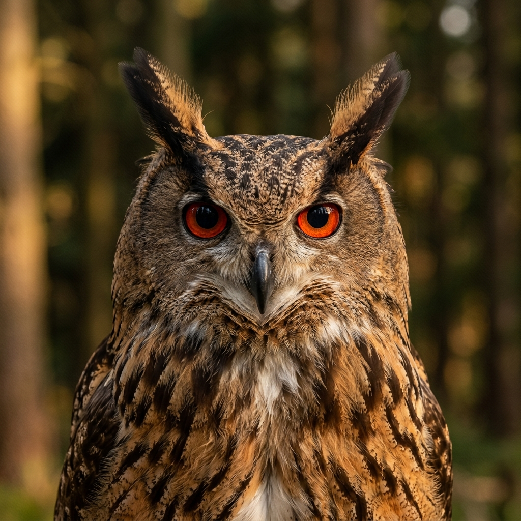 Portret puchacza z bliska — pomarańczowo-czerwone oczy, pióra uszne i rdzawo-brązowe upierzenie