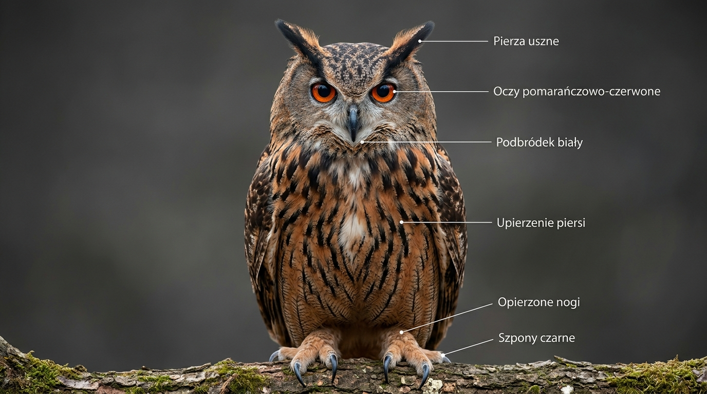 Anatomia puchacza — sylwetka frontalna z opisanymi cechami: pióra uszne, pomarańczowe oczy, opierzone nogi, czarne szpony