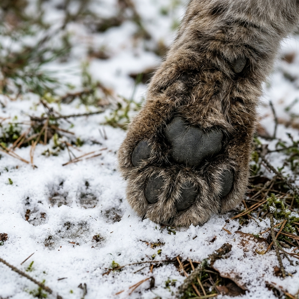 Detal łapy rysia — szerokie futrzaste poduszki naturalne ‘rakiety śnieżne’