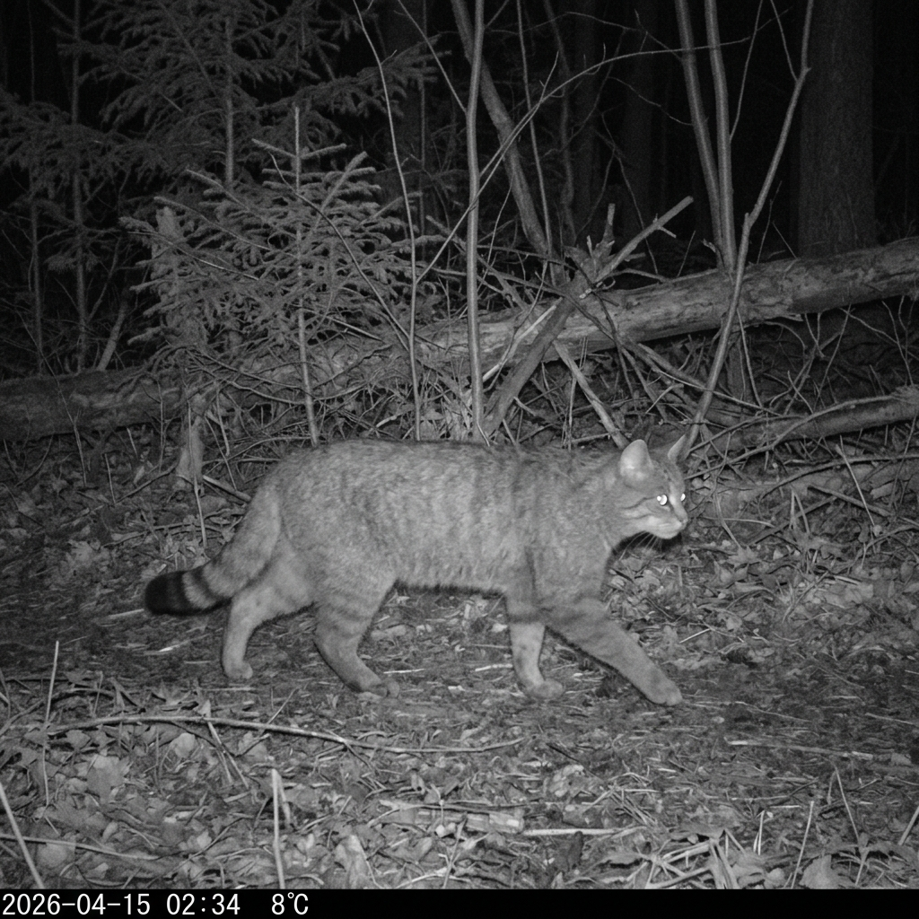 Żbik fotopułapką w nocnym ujęciu — typowy widok monitoringu w Górach Świętokrzyskich