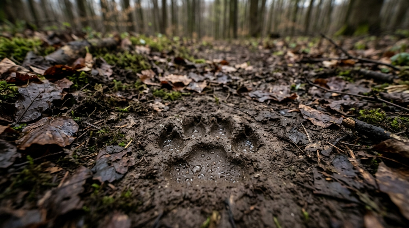 Świeży trop żbika w błocie leśnym — cztery palce bez pazurów, trójpłatkowa poduszka, średnica 4,5 cm